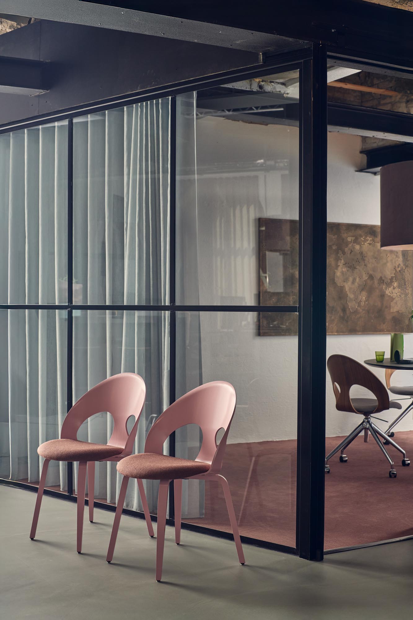 vermund vl110 vl111 meeting room chair modern classic pink frame pink capture seat chrome frame walnut back rewool grey seat 1